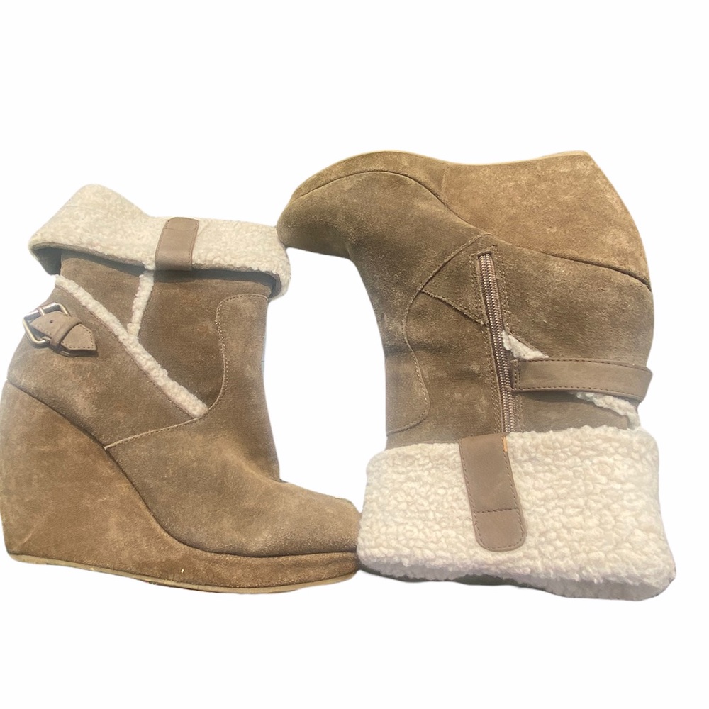 NINE WEST Sherpa Suede Wedge Ankle Boots—8.5 M